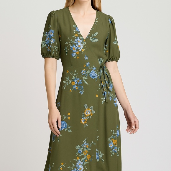 LOFT Floral Midi Wrap Dress – Olive Green - Picture 2 of 12